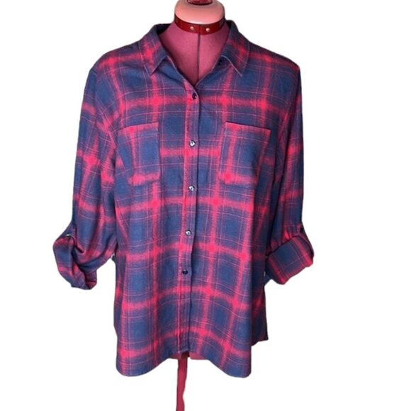 Eden & Olivia Red & Navy Plaid Long Sleeve Button-Down Flannel Shirt NWOT XL - Picture 2 of 9
